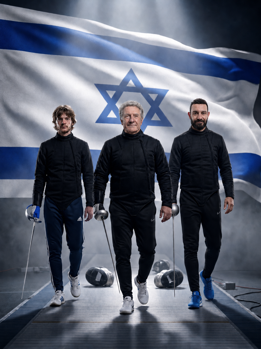 שלושה מאמני סיוף צועדים על מסלול כשדגל ישראל מאחוריהם